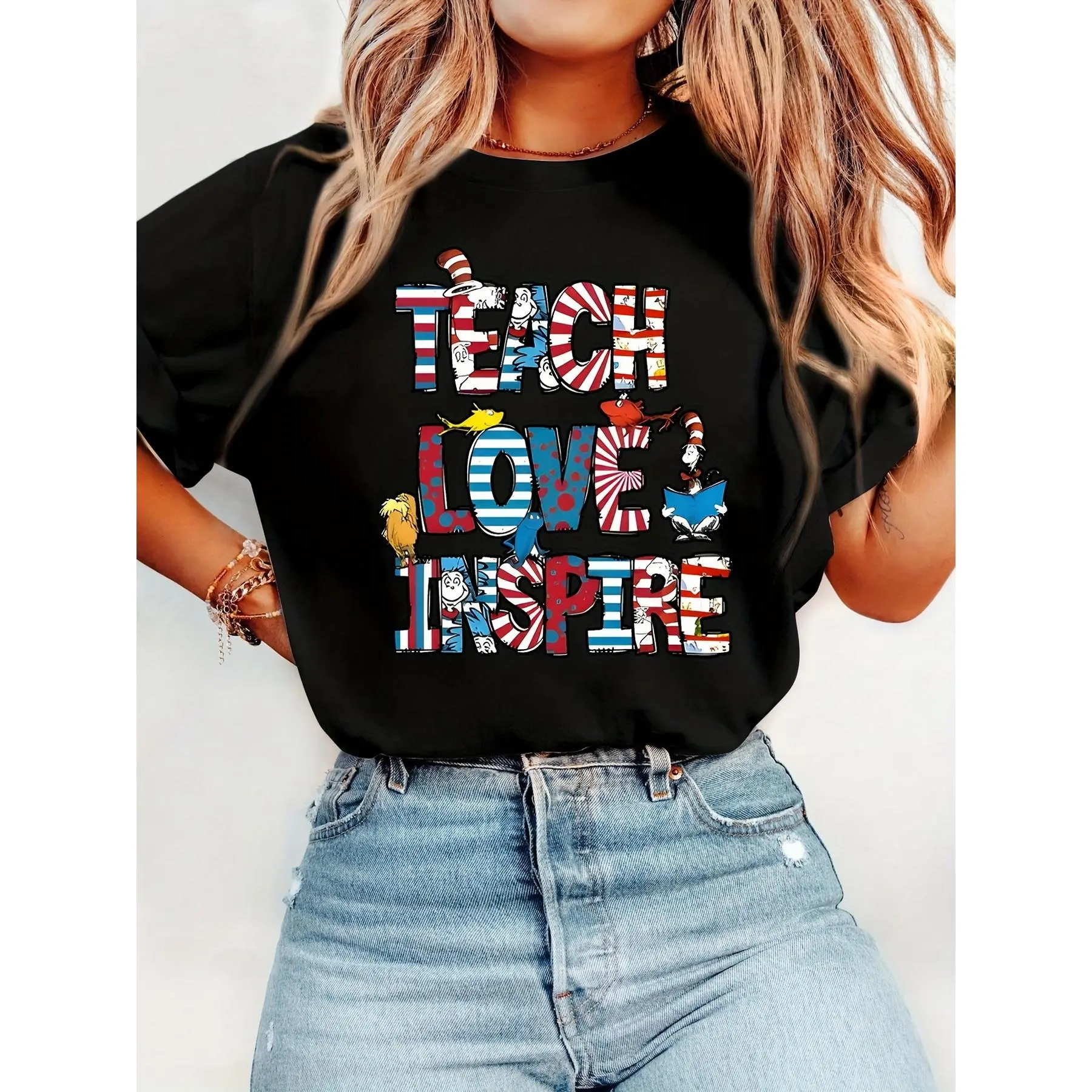 Women's 180g Black Cotton Loose Round Neck Short-Sleeve Graphic Tee - "Teach Love Inspire" Text Print, Dr. Seuss Inspired Casual Chic Minimalist Breathable Top for Teachers, Soft Fabric, Unique Gift Idea, Casual Breathable Top
