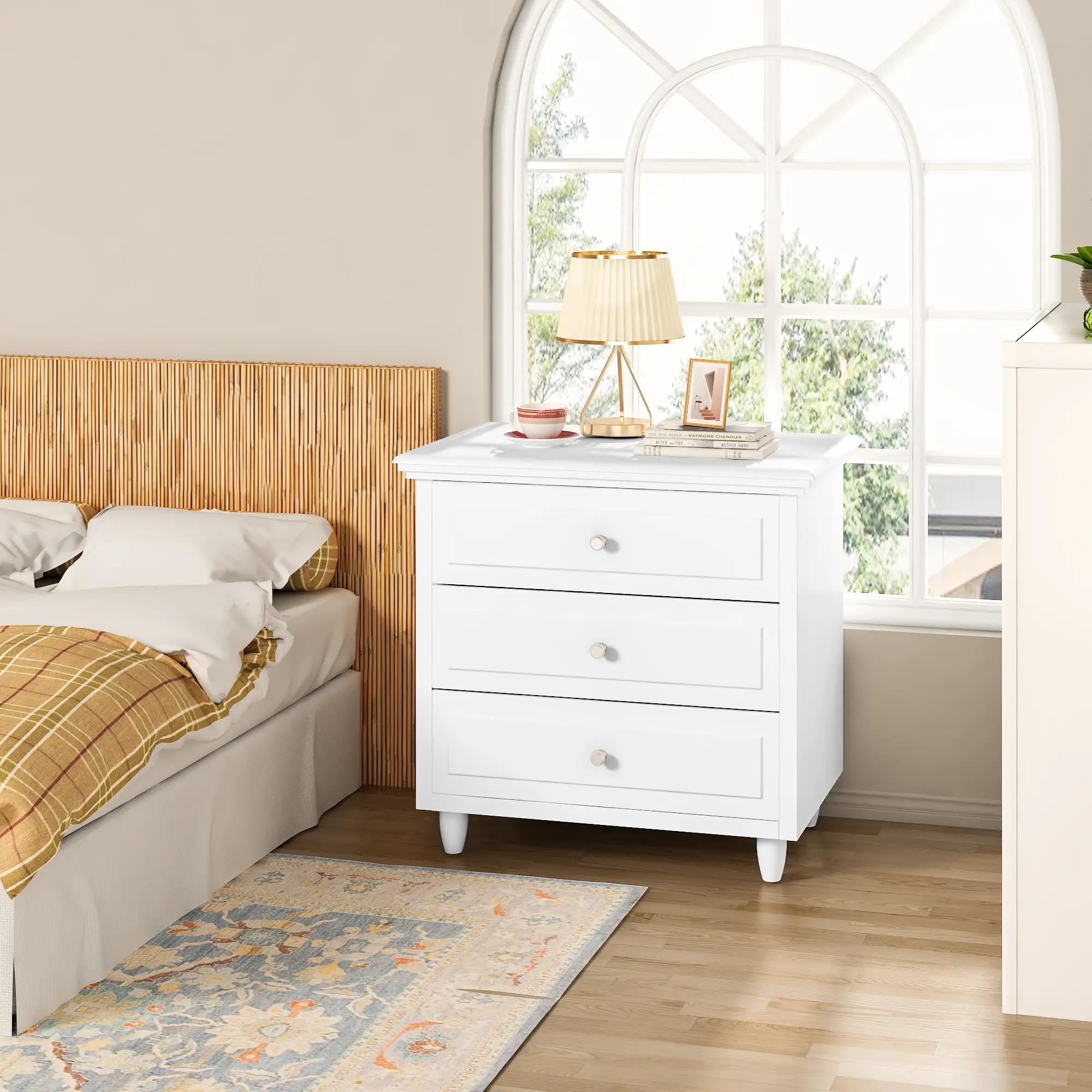AWQM 3-Drawer Nightstand with Wood Legs - Modern White Dresser Bedside Table, Ideal for Bedroom & Living Room, 15.75" D x 21.65" W x 23.6" H, White