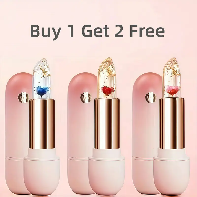 【Buy 1 Get 2 Free】Compact Lightweight Floral Lipstick & Jelly Lip Gloss Makeup Gift Set, Hydrating Moisturizing Lip Care, Long-Wear Waterproof Beauty Product