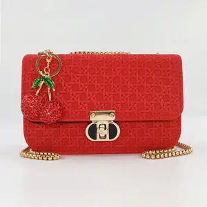 Small Size Women's Crossbody Bag with Stylish Woven Texture Design, Sparkling Fruit Charm Detail & Decorative Lock