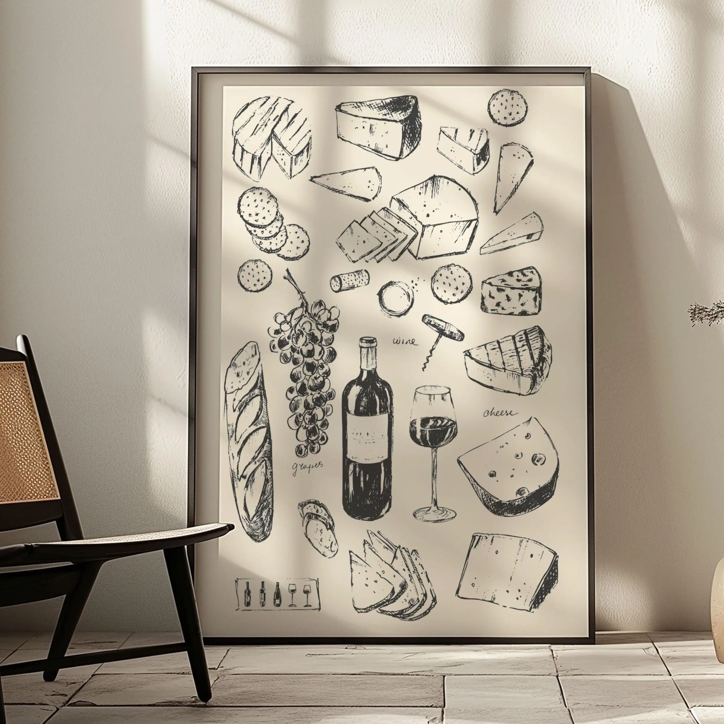 Wine and Cheese Kitchen Poster, Hand Drawn French Wine&Charcuterie Board Print, Bar Wall Art, Dining Room Decor, Minimalist Food Wall Decor
