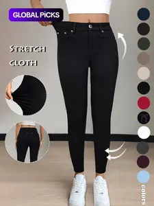 GILIPUR Y2K Women's Plain Pocket with Buttons, Casual Comfy Skinny Sports Stretchy Four Season Leggings for Yoga Gym Workout, Ladies Athleisure Bottoms for Fall & Winter