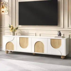 Farmhouse TV Stand with Cable Holes for TVs up to 75", Cream Style Media Console with Rebound Device, Elegant Entertainment Center with 5 Solid Wood Legs for Living Room, Bedroom, White, 69.6"W