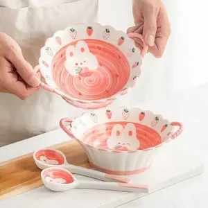 Hand-Drawn Rabbit & Strawberry Ceramic Bowls, Cute Aesthetic Design for Ramen, Pasta, Salad, Restaurant, Living Room, Cafe Use