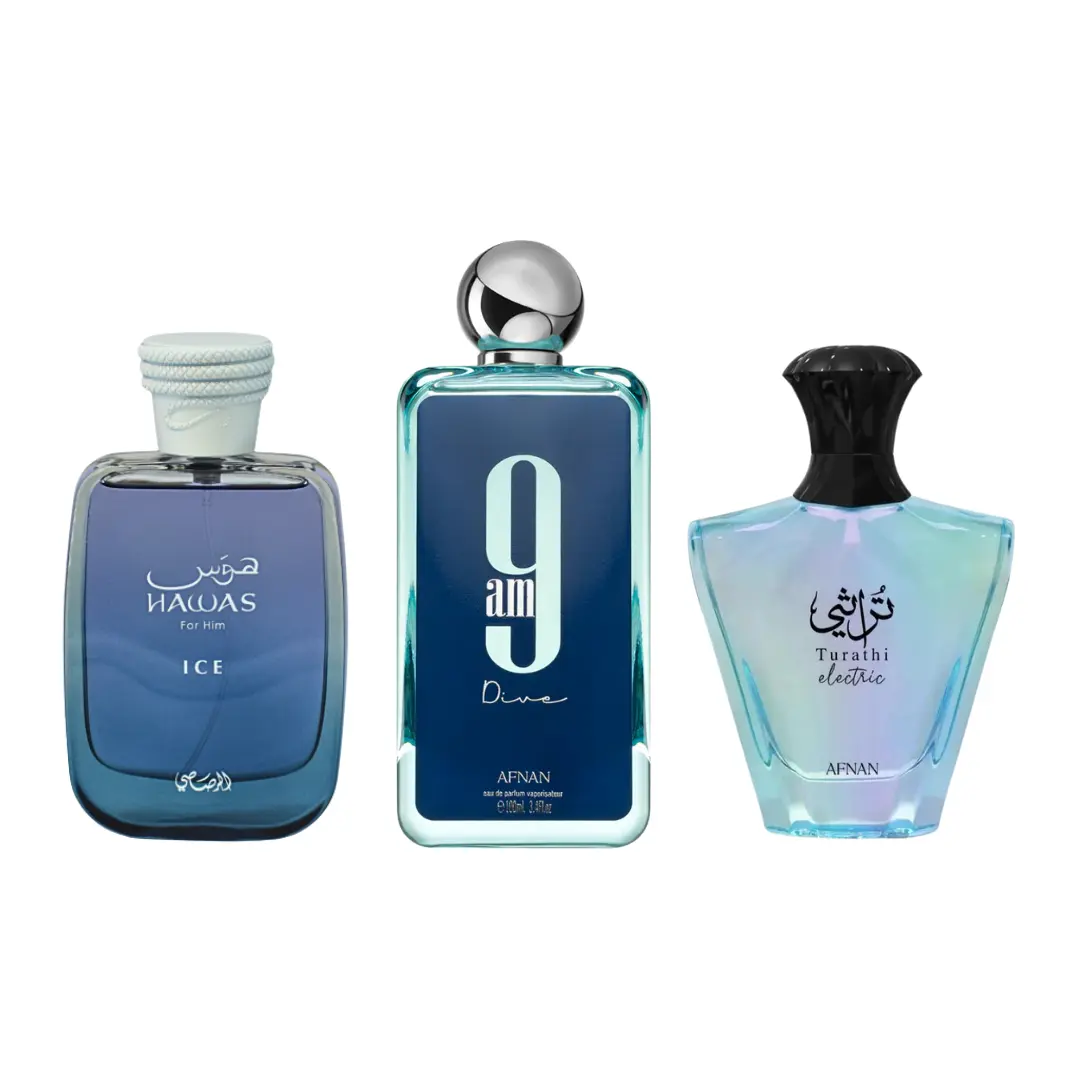 Afnan Bold Trio Fragrance Bundle Pack - Hawas Ice, Turathi Electric, 9am Dive (3-Piece Set) - Unisex Icy Fresh Scent with Ambergris, Patchouli, Sandalwood, Mint, Crisp Bergamot for Layered Use