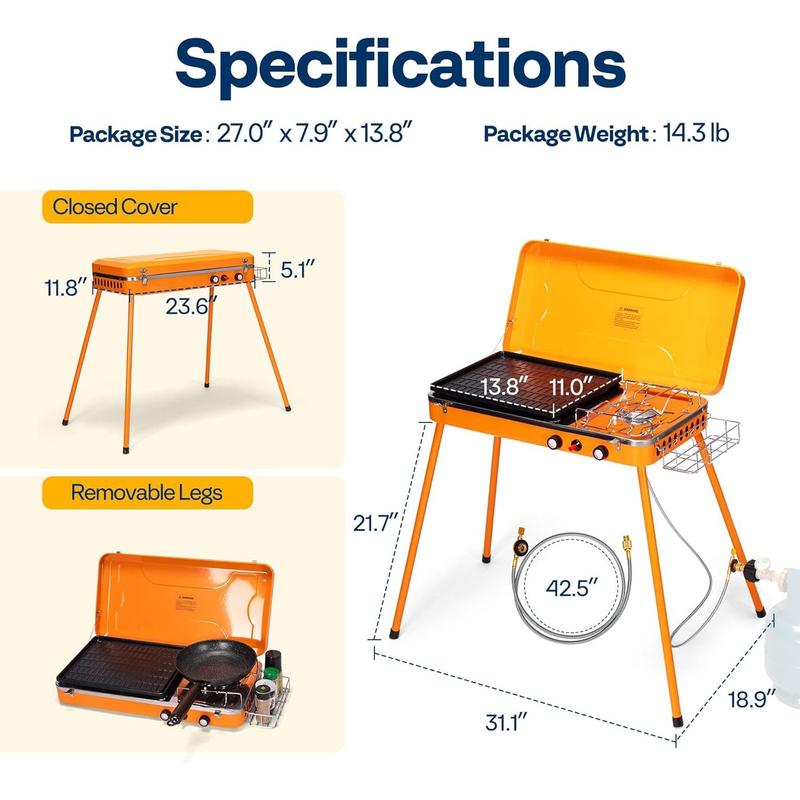 2-in-1 Gas Camping Stove with Detachable Legs, Propane Grill, 20000 BTU Tabletop Grill Cooker for Party, Camping, Picnics, Backyards