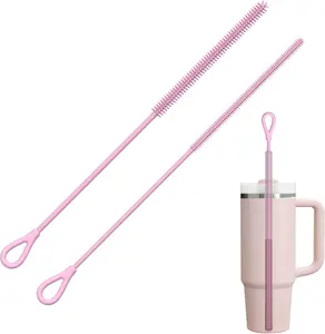 Silicone Straw Cleaner Brush, 2Pcs Reusable Straw Brush Extra Long for Cleaning Drinkware with Handle and Glass Metal Smoothie Straws, Non-slip Handle Soft and Bendable, Set 6mm+9mm, Pink