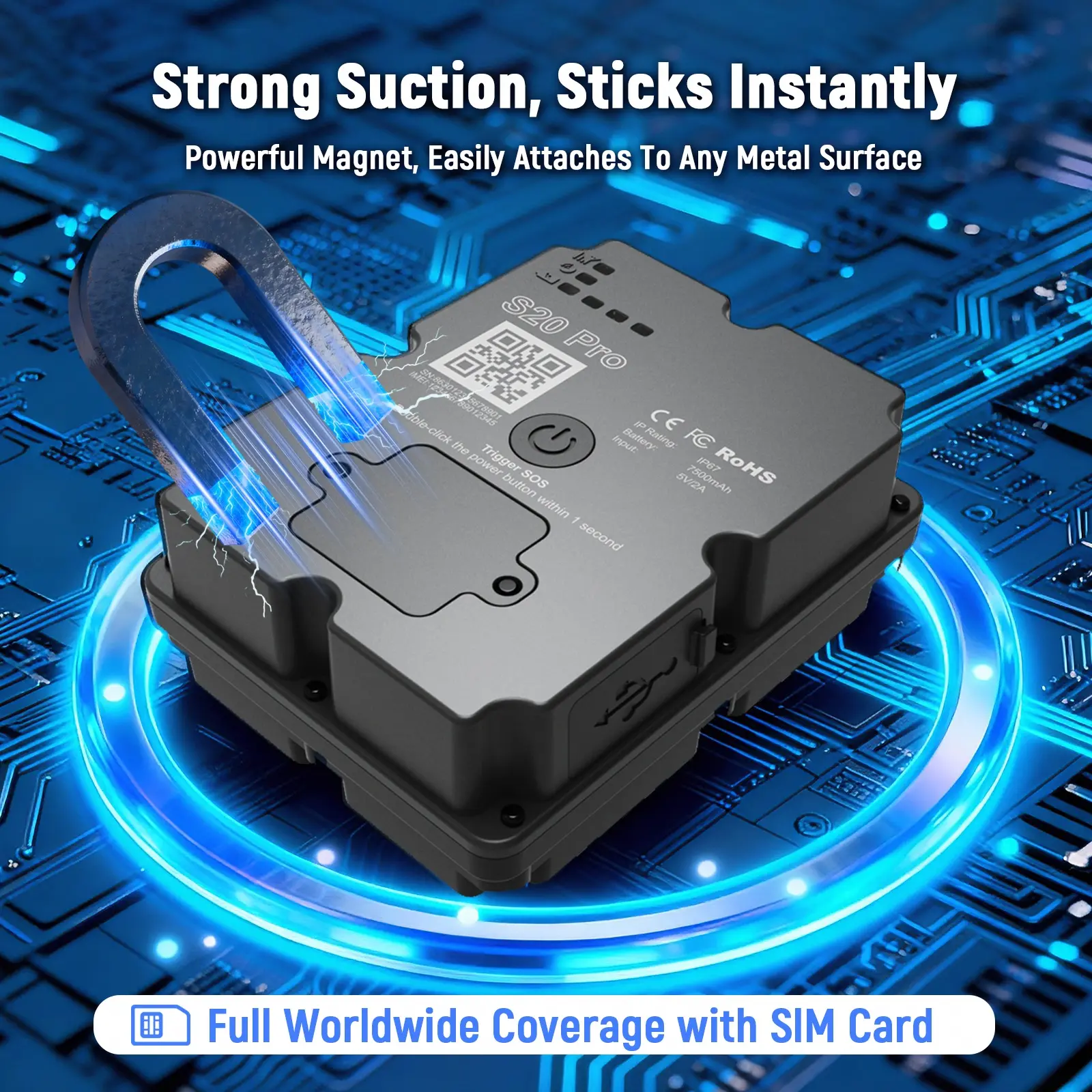 S20 Pro GPS Tracker - Durable Large Portable, Splashproof Magnet Mount, Americas and Europe Coverage 4G LTE Real-Time Monitor Tracking for Vehicle, Asset, Fleet and More. Mobile Security - Magnet for Metal