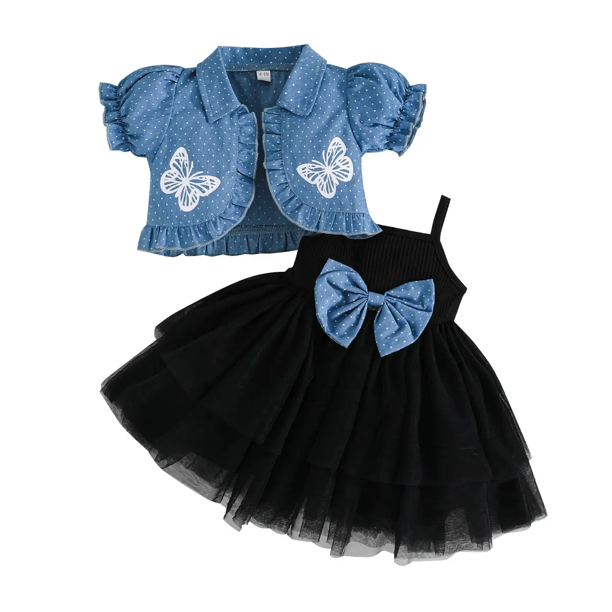 Toddler Girl Summer Outfits Tulle Spaghetti Strap Dress with Butterfly Short Sleeve Denim Blue Cardigan Tops 2pcs Party Clothes