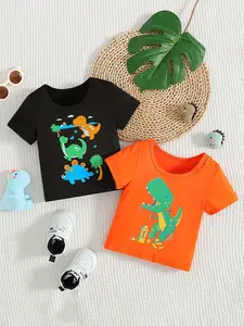 Baby boy clothing, baby boy supplies, boys' fashion, baby boy spring and autumn pure color all-match dinosaur cartoon round neck comfortable short-sleeved T-shirt combination set, suitable for going out, school opening gift, school opening season