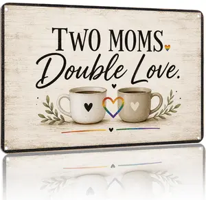 Two Moms Double Love LGBTQ+ Pride Aluminum Metal Sign Poster - 8x12 Inch Retro Vintage Wall Decor for Home, Family Room, Bedroom, LGBTQ+ Family Gift for Home Decor