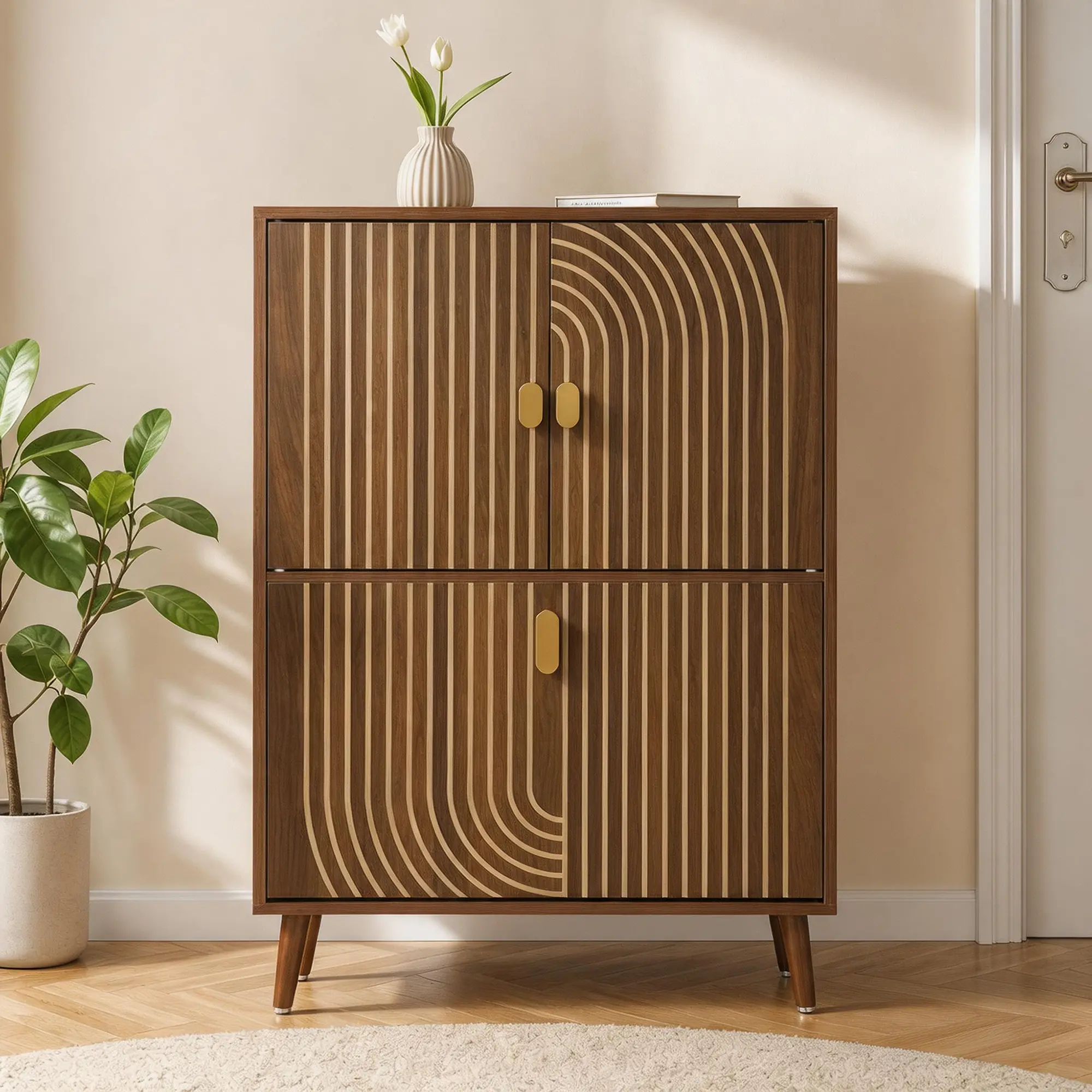 Modern Slatted Wooden Shoe Storage Cabinet with 3 Doors & Adjustable Shelves, Freestanding Hidden Shoe Rack for Entryway