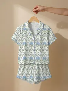 Women’s Blue And Green Hydrangea Latin Pajama Set, Short Sleeve Button Up Sleepwear, Floral Print Soft Loungewear PJs, Elegant Nightwear Gift for Her