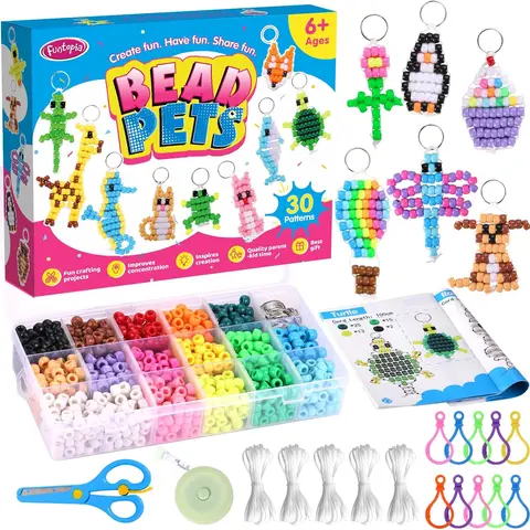 Funtopia Plastic Assorted Beading Kit - 1500 Pieces, 30 Designs, Pony Beads, Art Charms, Animals (Parrot, Seahorse, Ladybug, Frog), DIY Jewelry Supplies, Keychain & Pet Craft Toys for Ages 6+ Birthday Parties
