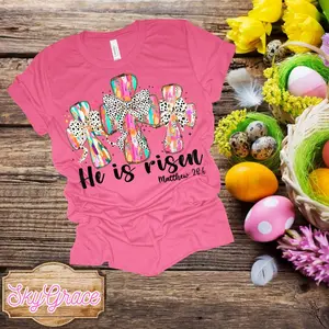 SkyGrace Easter T-Shirt - He Has Risen Matthew 28:6 - Pink Graphic Tee for Women