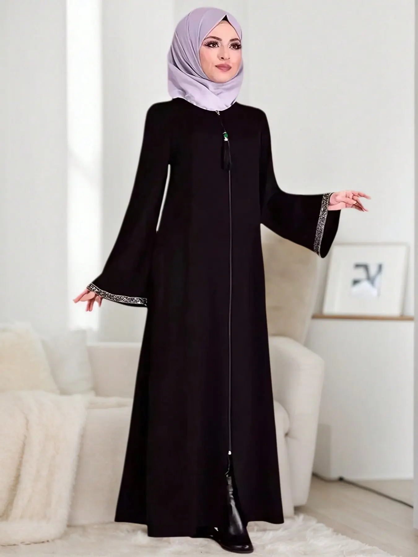 Women's Plain Long Robe Dress, Loose-Fit Round Neck Zipper Casual Dress, All-Season Woven Fabric, Modest Muslim Outfits Thickening, Muslim Women Gowns, Islamic Clothes, Modest Islamic Clothing