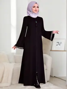 Women's Plain Long Robe Dress, Loose-Fit Round Neck Zipper Casual Dress, All-Season Woven Fabric, Modest Muslim Outfits Thickening, Muslim Women Gowns