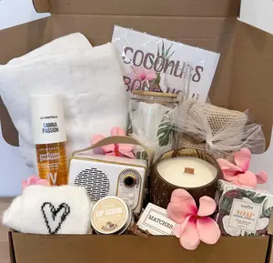 Tropical Coconut Gift Box | Spa Gift Basket with Candle, Tumbler, Socks & Radio | Relaxing Self Care for Her, Birthday, Thank You, Christmas, Thinking Of You, Peace Gift Box, Women Gift Box, Cute Gift Box