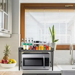 Heavy Duty Expandable Metal Microwave Rack Organiser - Easy Assembly, Large Size Multi-Function Storage Shelf with Metal Base for Kitchen Countertop Box Organization
