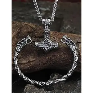 Vintage Viking Wolf Head Design Bangle & Hammer Pendant Necklace Set, New Trendy Matching Jewelry Set for Gift, Men Jewelry, Hip Hop Punk Classic Fashion Accessories