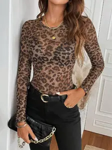 TCVC  Leopard Print Sheer Mesh Long Sleeve Top for Women - Summer Lightweight Breathable Sexy Tee For Work, Outings & Daily Casual Looks
