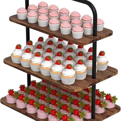 3-Tier Wood & Metal Cupcake Stand for 52 Cupcakes, Rustic Dessert Tower & Serving Tray for Birthday, Wedding & Christmas Party Decor, Brown