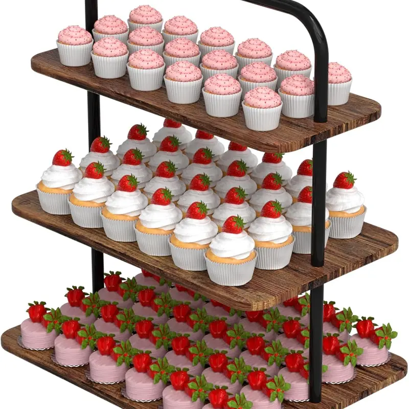 3-Tier Wood & Metal Cupcake Stand for 52 Cupcakes, Rustic Dessert Tower & Serving Tray for Birthday, Wedding & Christmas Party Decor, Brown