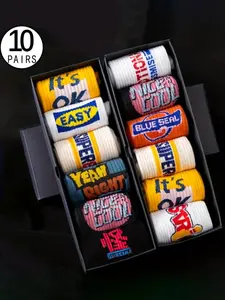 Men's 10 Pairs Figure & Letter Print Crew Socks, Soft Breathable Mid-calf Socks, Athletic Running Socks for Outdoor Sports Daily Wear, Men's Casual Comfy Socks for All Seasons, Breathable Fabric Socks