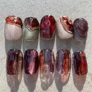 Molten Wine Press On Nails | Glossy Burgundy, Rose Quartz & Sculpted Red Glass Textures | Handmade Short Square Set For Autumn Vibe