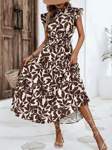 A women's fashionable printed ruffled puff sleeve stand collar tie-up fairy dress, suitable for summer, beach vacations, dates, gatherings, and other casual occasions.