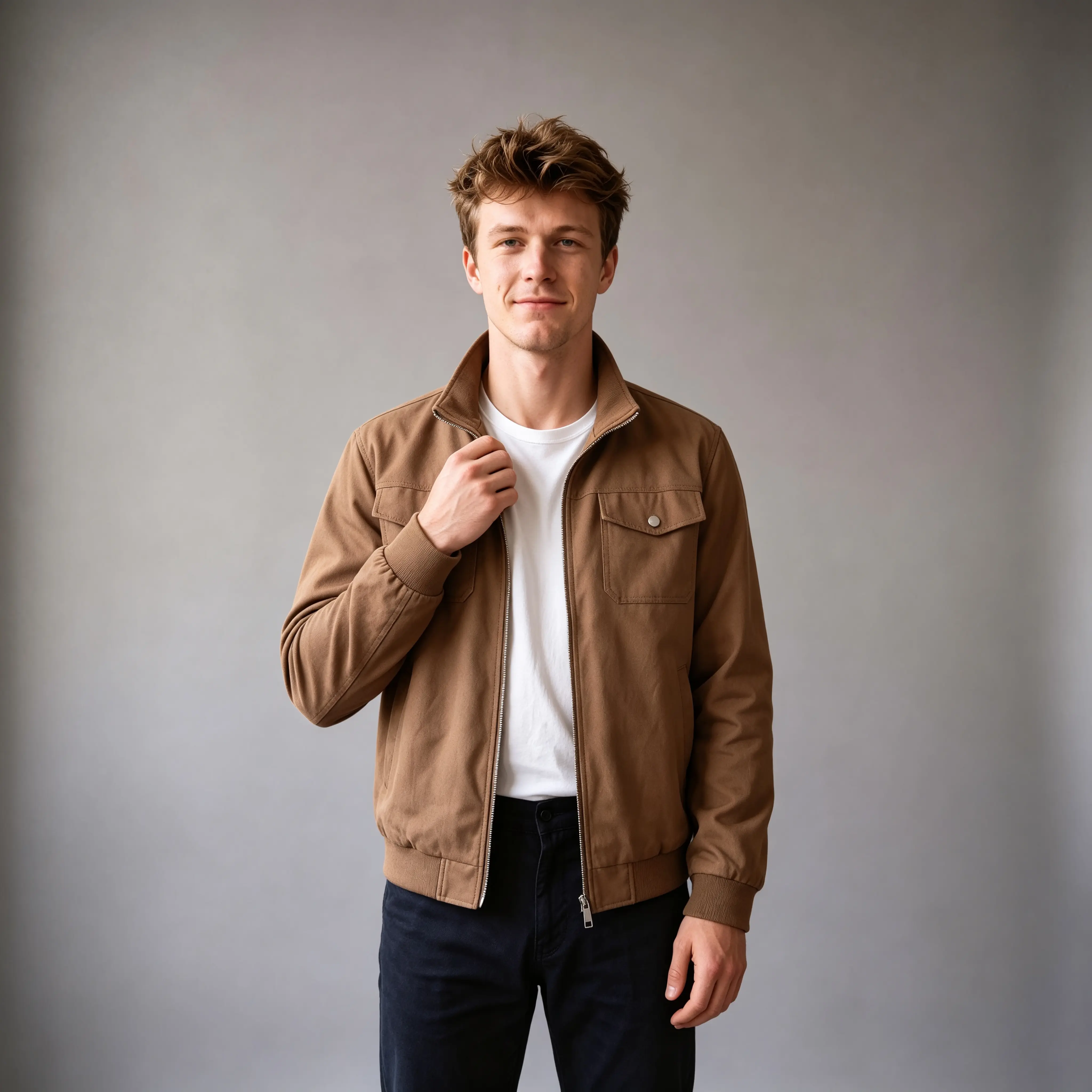 Men’s Classic Plain Long Sleeve Casual Bomber Jacket - Stand Collar, Full-Zip Utility Harrington Coat, Chest Pockets, Ribbed Cuffs & Hem for Everyday, Business Casual Wear