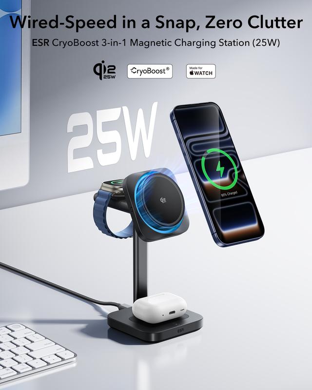 ESR for 3-in-1 Charging Station, Qi2.2 Certified 25W MagSafe Charger Stand with CryoBoost, Phone-Cooling Fast Charging Station, for iPhone 17/16/15/14/13/12, AirPods, Apple Watch