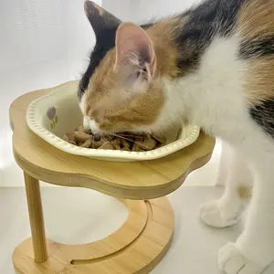 Pastel Ceramic Pet Bowl with Wooden Stand, Floral Elevated Cat & Dog Dish, Tilted Anti-Slip Design for Comfortable Feeding, Thickened Non-Tip Base, Cute Aesthetic Pet Bowl Set (Trendy Pet Gift)