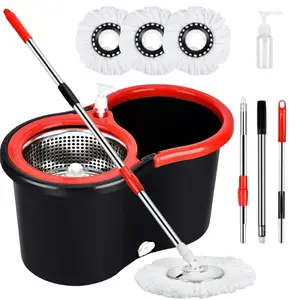 Spin Mop Bucket 360 Rotating Easywring Microfiber Floor Cleaning System with 3 Extra Refills Mop Heads Red/Black Set Pack for Home Kitchen Bathroom Office