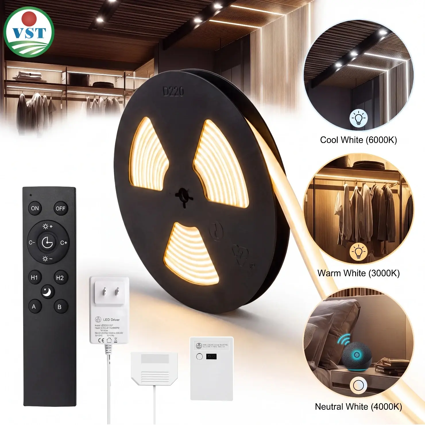 VST 24V Smart Silicone LED Strip Light, 16.4ft CRI90 Dot-Free, 2700-6500K Tunable CCT, Alexa Voice-App-RF Remote Control, IP44 Waterproof, Cuttable Clip-Mounted for Wood Slat Wall Recessed Grooves