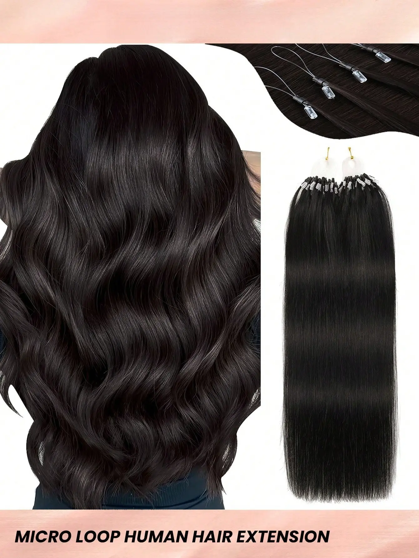 Micro Bead Hair Extensions Real Human Hair Black Micro loop Hair Extensions Real Human Hair Invisible MicroLink No Glue Needed No Damage for Women