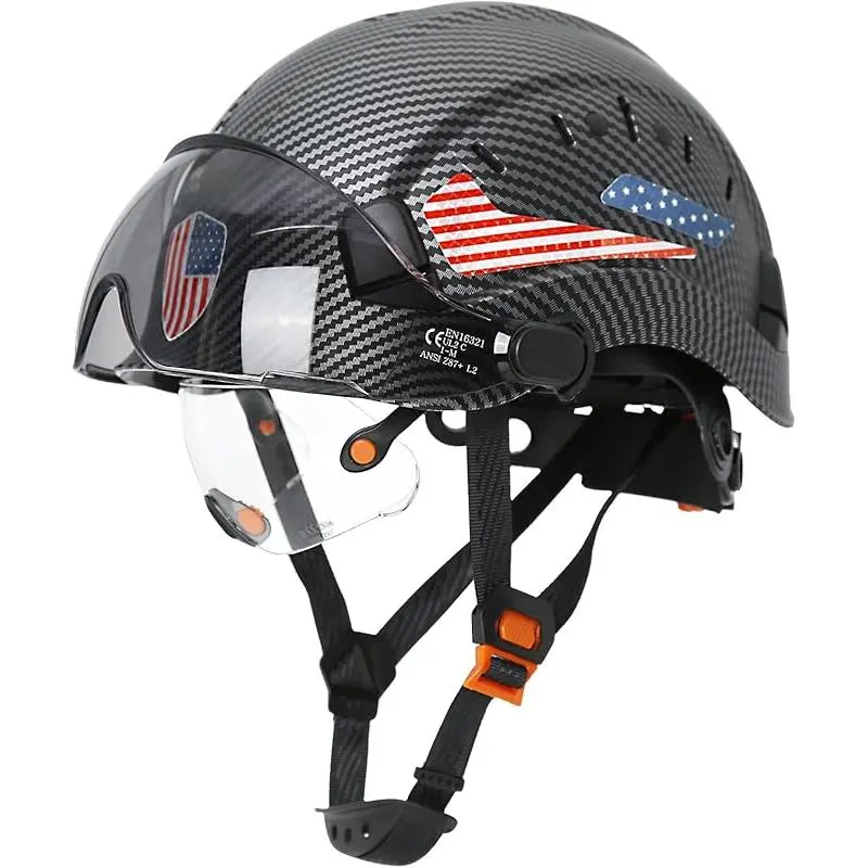 Carbon Fiber Vented Hard Hat for Men - Dual Visor, 6-Point Suspension, Lightweight 1.7 lbs Safety Gear with Reflective Stickers for Construction & Arborist Work, New Hard Hat Design, Adjustable Airflow
