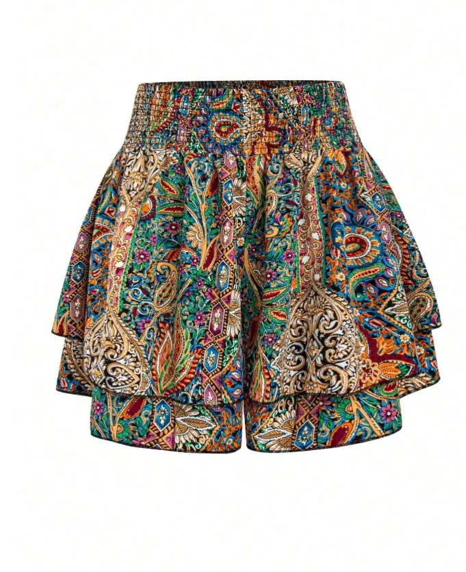 Women's High-Waist Elastic-Waist Boho Floral Paisley Print Short Skirted Wide-Leg Layered Pants, Casual Everyday Bottoms for Summer Beach Vacation, Music Festivals