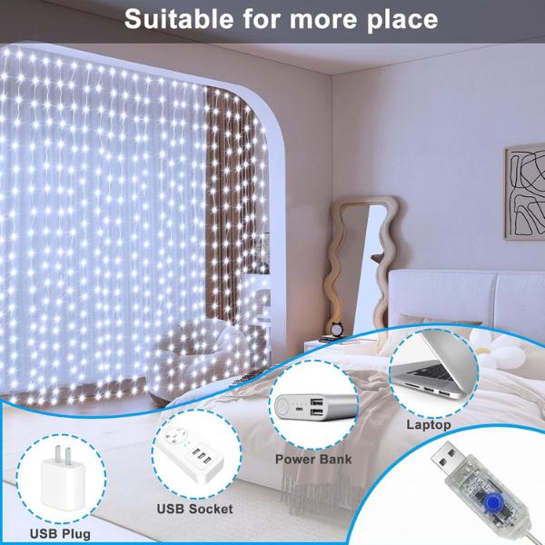 300 LED Curtain Lights, 9.8Ft x 9.8Ft USB Plug in Christmas Fairy Curtain Lights with Remote, Hanging String Light for Bedroom Backdrop Window Wall Wedding Decor, Cool white