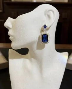 Gold Plated Quadrangle CZ Dangle Earrings, Blue Vintage Elegant Lever Back Earrings, Bridal & Party Jewelry