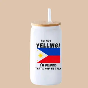 Funny 16oz Glass Libby Cup Not Yelling I'm Filipino That's How We Talk Mug with Filipino Flag Design Drinkware Reusable Reuse Washable.