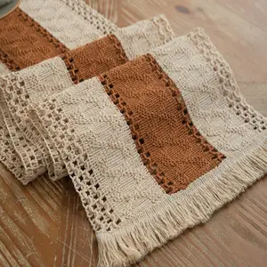Boho Vintage Linen Table Runner with Fringe Trim, Rectangular Kitchen Dining Decor, Wedding Holiday Home Party Decoration