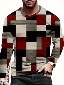 Men's Plaid Printed Long Sleeve Round Neck Pullover, Casual Fashion Comfortable Sports Long Sleeve Daily Wear, Fall & Winter