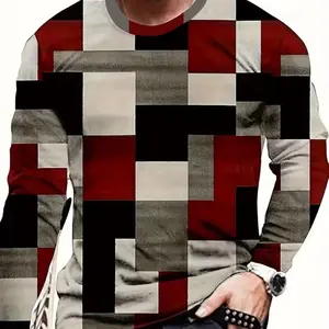 Men's checkered printed long sleeved round neck fitted pullover, casual, fashionable, comfortable, sports long sleeved daily wear, autumn and winter