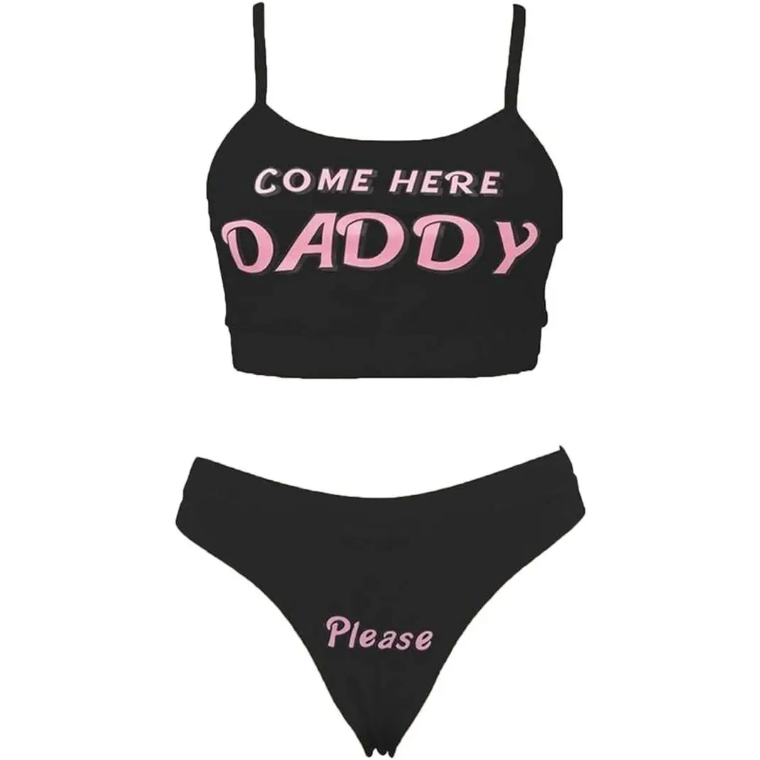 Sexy Women Come Here Daddy Please Strappy Lingerie Set 2PCS Slutty Underwear Tank Tops and Panty Pajamas Sleepwear
