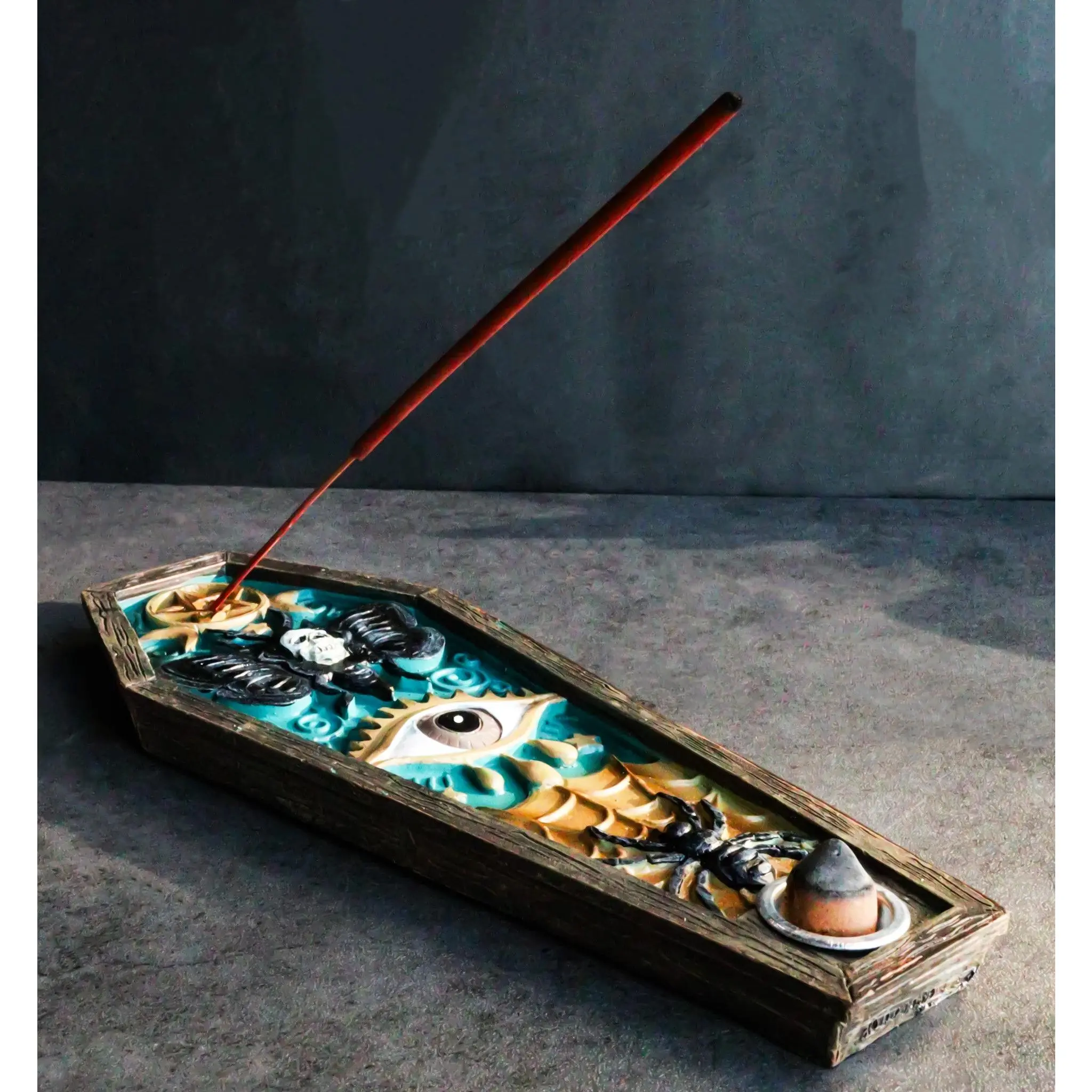 Wicca Mystical Pentagram Skull Evil Eye Black Spider Coffin Incense Burner Decor