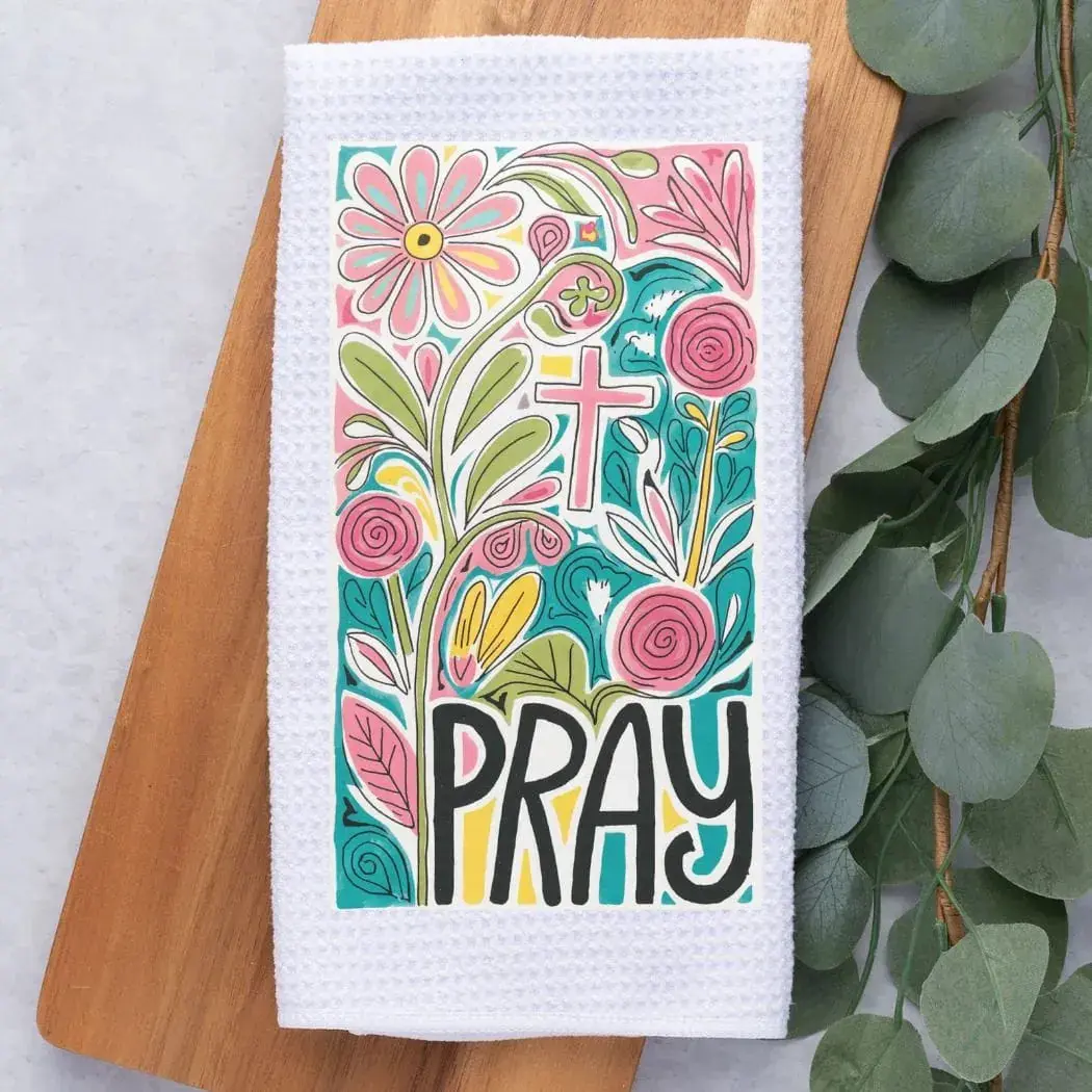 Pray Floral Christian Kitchen Hand Towel | Waffle Weave Microfiber Dish Towel