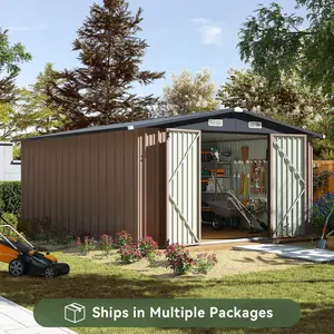 Aoxun 10 x 12FT Outdoor Storage Shed with Double Hinged Large Door Utility Garden Shed with Lockable Door & Sloped Roof Metal Sheds Outdoor Storage for Garden, Backyard, Patio and Backyard, Brown
