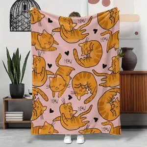Cartoon Orange Cat Pattern Blanket, Soft Warm Throw Blanket, Air-conditioned Room Blanket, Warm Nap Blanket for Home Office Travel, Animal Blankets
