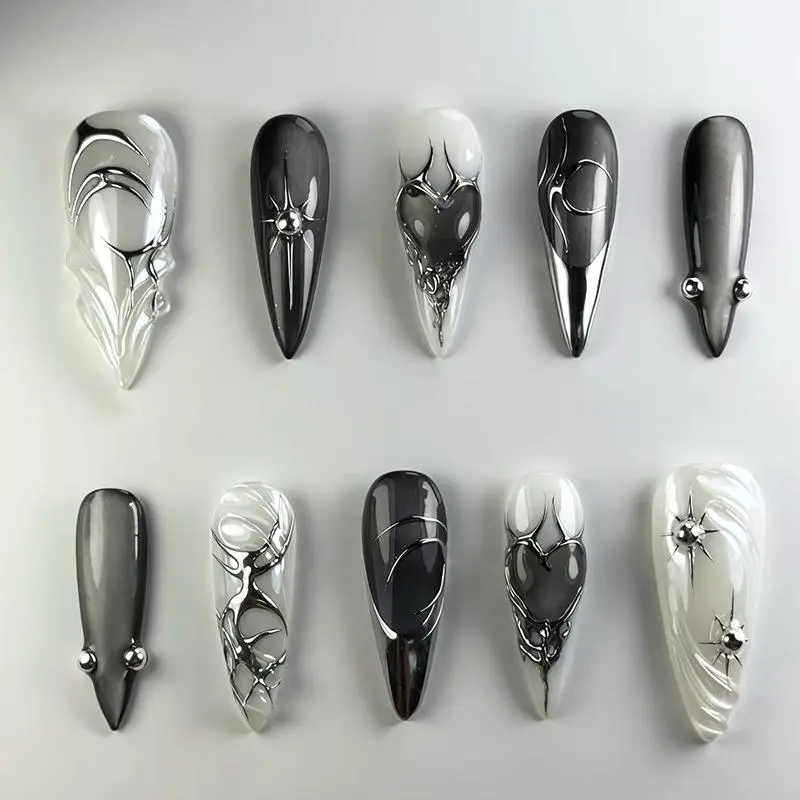 24pcs Wearable Black Cat's Eye Press on Nails Finished Ins False Nail Sets Love Design Stick on Nails Stilettos Fake Nail Tips